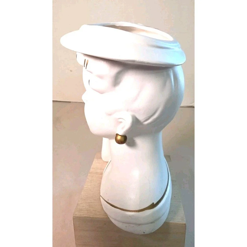 Vintage Lady Head Vase White w/ Gold Accents Japan 6.5